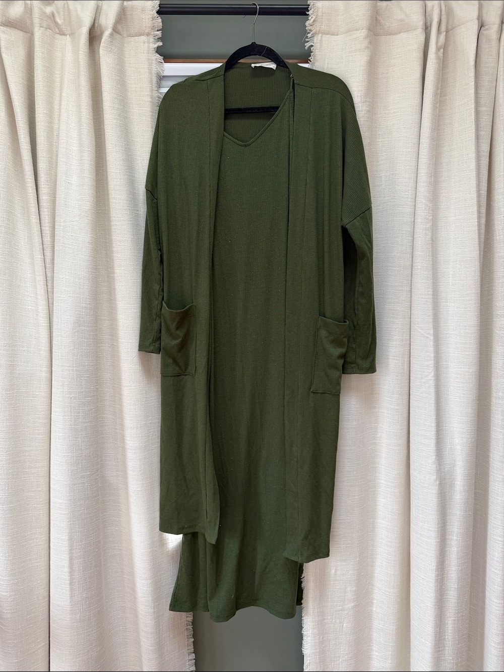 Carly Jean Los Angeles Olive Green Maxi Dress with Open Front Duster